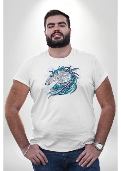 At Mandala Kafası Beyaz Büyük Beden Kadın Erkek Ünisex Basic Ön Baskılı Tişört fırsatları