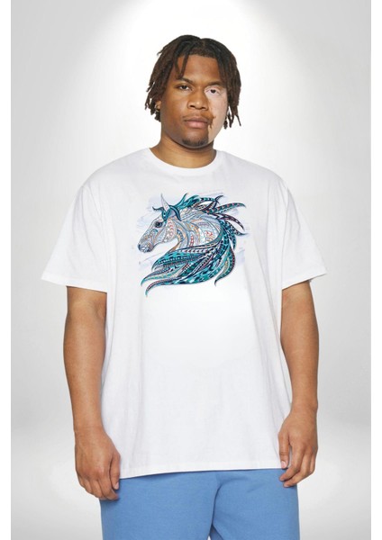 At Mandala Kafası Beyaz Büyük Beden Kadın Erkek Ünisex Basic Ön Baskılı Tişört indirimleri