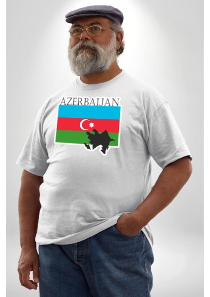 Azerbeycan Bayrak Ülke Beyaz Büyük Beden Kadın Erkek Ünisex Basic Ön Baskılı Tişört