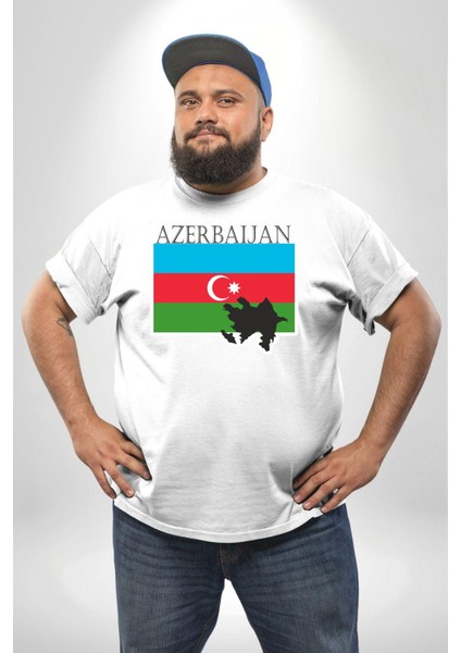 Azerbeycan Bayrak Ülke Beyaz Büyük Beden Kadın Erkek Ünisex Basic Ön Baskılı Tişört fiyatları