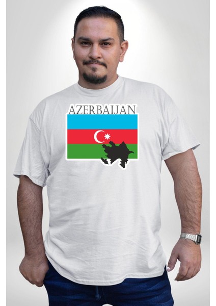Azerbeycan Bayrak Ülke Beyaz Büyük Beden Kadın Erkek Ünisex Basic Ön Baskılı Tişört indirimleri