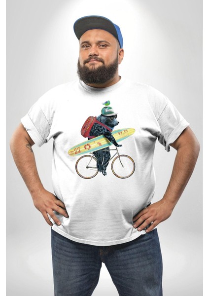 Komik Köpek Sörf Tahtası Bisiklet Beyaz Büyük Beden Kadın Erkek Ünisex Basic Ön Baskılı Tişört