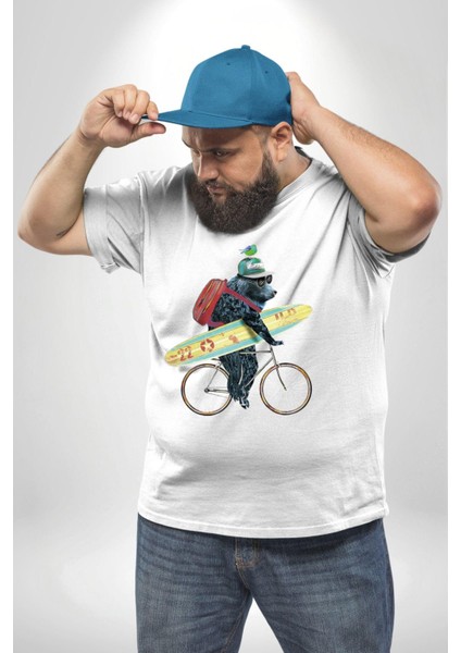 Komik Köpek Sörf Tahtası Bisiklet Beyaz Büyük Beden Kadın Erkek Ünisex Basic Ön Baskılı Tişört indirimleri