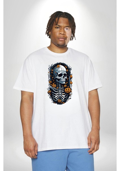 Cadılar Bayramı Kuru Kafa Beyaz Büyük Beden Kadın Erkek Ünisex Basic Ön Baskılı Tişört