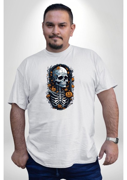 Cadılar Bayramı Kuru Kafa Beyaz Büyük Beden Kadın Erkek Ünisex Basic Ön Baskılı Tişört fiyatları