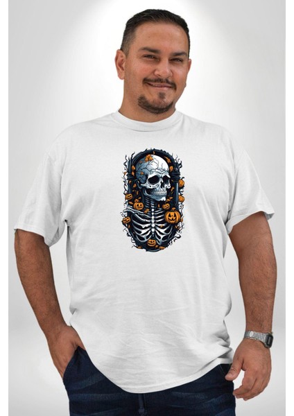 Cadılar Bayramı Kuru Kafa Beyaz Büyük Beden Kadın Erkek Ünisex Basic Ön Baskılı Tişört fırsatları