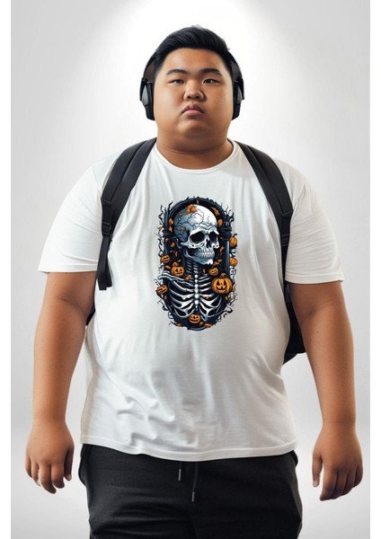 Cadılar Bayramı Kuru Kafa Beyaz Büyük Beden Kadın Erkek Ünisex Basic Ön Baskılı Tişört indirimleri