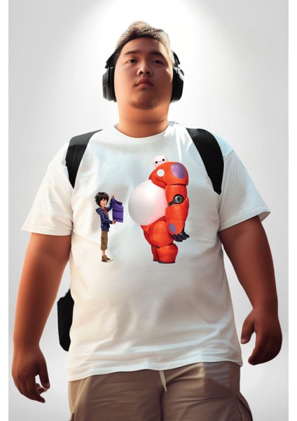 Süper Kahraman Big Hero Beyaz Büyük Beden Kadın Erkek Ünisex Basic Ön Baskılı Tişört