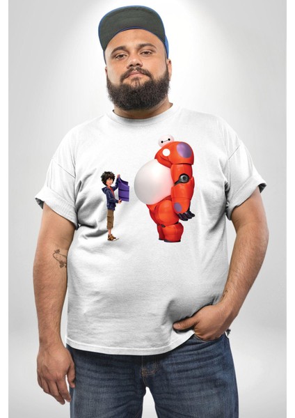 Süper Kahraman Big Hero Beyaz Büyük Beden Kadın Erkek Ünisex Basic Ön Baskılı Tişört