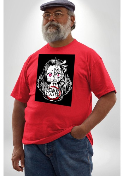 Anime Demon Slayer Kırmızı Büyük Beden Erkek Kadın Unisex Basic Ön Baskılı Tişört