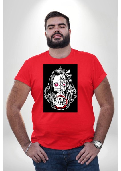 Anime Demon Slayer Kırmızı Büyük Beden Erkek Kadın Unisex Basic Ön Baskılı Tişört fiyatları