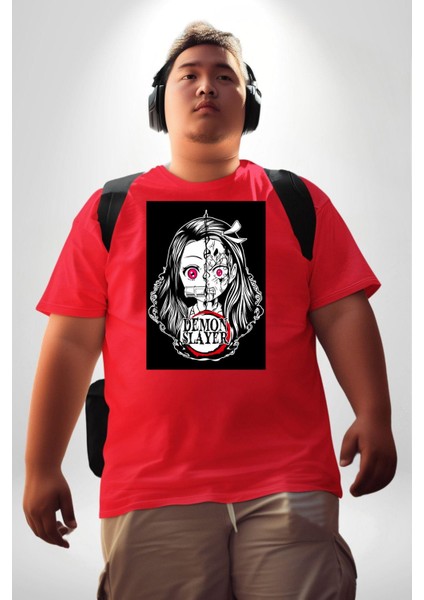 Anime Demon Slayer Kırmızı Büyük Beden Erkek Kadın Unisex Basic Ön Baskılı Tişört fırsatları