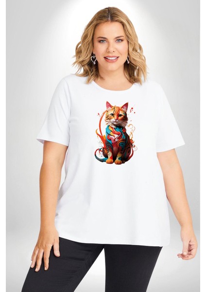 Renkli Yağlı Boya Kedi Beyaz Büyük Beden Kadın Erkek Ünisex Basic Ön Baskılı Tişört