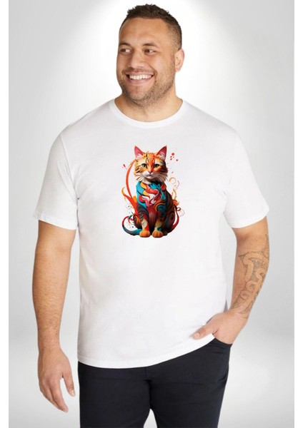 Renkli Yağlı Boya Kedi Beyaz Büyük Beden Kadın Erkek Ünisex Basic Ön Baskılı Tişört fiyatları