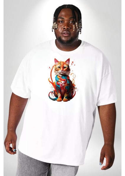 Renkli Yağlı Boya Kedi Beyaz Büyük Beden Kadın Erkek Ünisex Basic Ön Baskılı Tişört modelleri