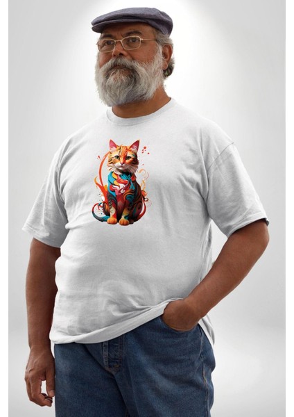 Renkli Yağlı Boya Kedi Beyaz Büyük Beden Kadın Erkek Ünisex Basic Ön Baskılı Tişört fırsatları