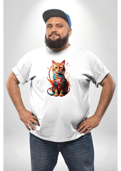 Renkli Yağlı Boya Kedi Beyaz Büyük Beden Kadın Erkek Ünisex Basic Ön Baskılı Tişört indirimleri