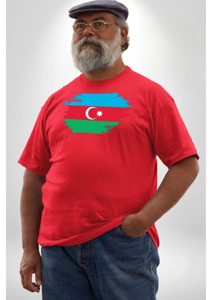 Azerbeycan Bayrağı Kırmızı Büyük Beden Erkek Kadın Unisex Basic Ön Baskılı Tişört