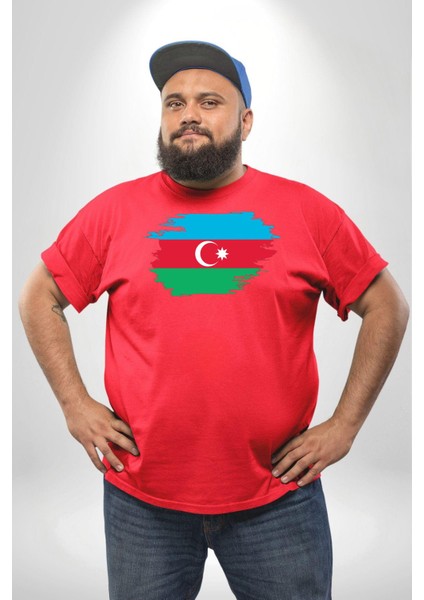 Azerbeycan Bayrağı Kırmızı Büyük Beden Erkek Kadın Unisex Basic Ön Baskılı Tişört