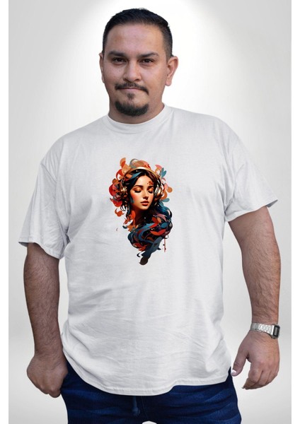 Müzik Dinleyen Kulaklık Yaprak Saçlı Renkli Beyaz Büyük Beden Kadın Erkek Ünisex Basic Ön Baskılı Tişört