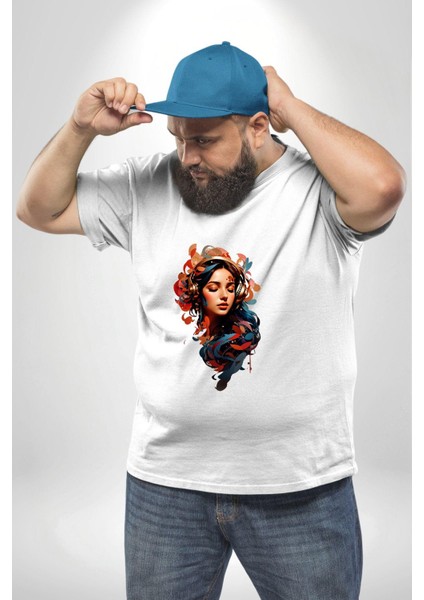 Müzik Dinleyen Kulaklık Yaprak Saçlı Renkli Beyaz Büyük Beden Kadın Erkek Ünisex Basic Ön Baskılı Tişört fiyatları