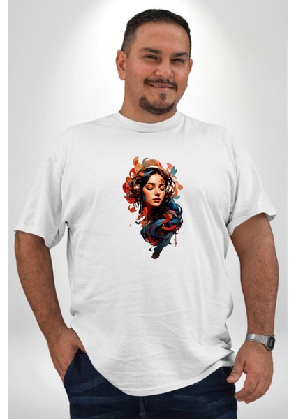 Müzik Dinleyen Kulaklık Yaprak Saçlı Renkli Beyaz Büyük Beden Kadın Erkek Ünisex Basic Ön Baskılı Tişört modelleri