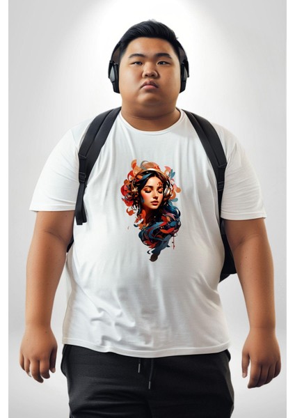 Müzik Dinleyen Kulaklık Yaprak Saçlı Renkli Beyaz Büyük Beden Kadın Erkek Ünisex Basic Ön Baskılı Tişört fırsatları