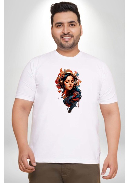 Müzik Dinleyen Kulaklık Yaprak Saçlı Renkli Beyaz Büyük Beden Kadın Erkek Ünisex Basic Ön Baskılı Tişört indirimleri