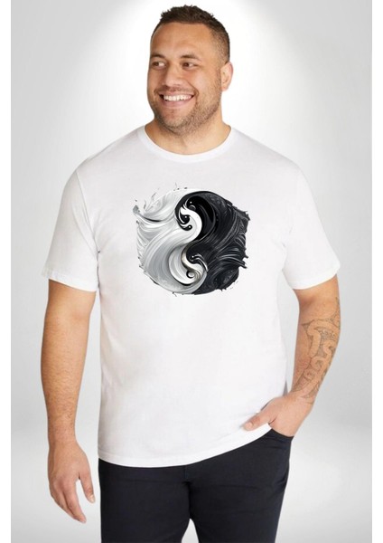 Beyaz Beyaz Ying Yang Beyaz Büyük Beden Kadın Erkek Ünisex Basic Ön Baskılı Tişört