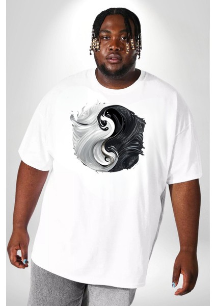 Beyaz Beyaz Ying Yang Beyaz Büyük Beden Kadın Erkek Ünisex Basic Ön Baskılı Tişört fiyatları