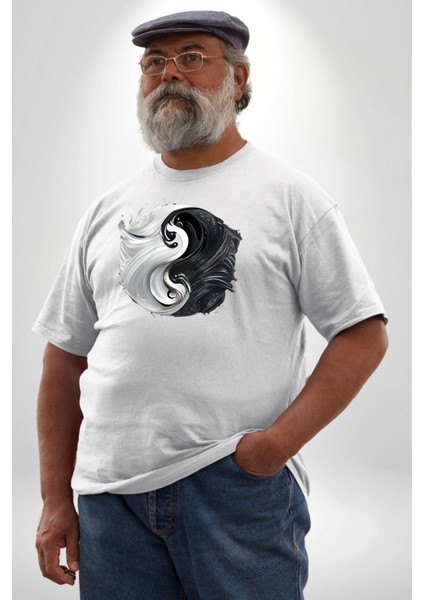 Beyaz Beyaz Ying Yang Beyaz Büyük Beden Kadın Erkek Ünisex Basic Ön Baskılı Tişört modelleri