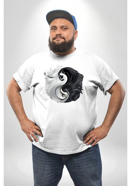 Beyaz Beyaz Ying Yang Beyaz Büyük Beden Kadın Erkek Ünisex Basic Ön Baskılı Tişört fırsatları