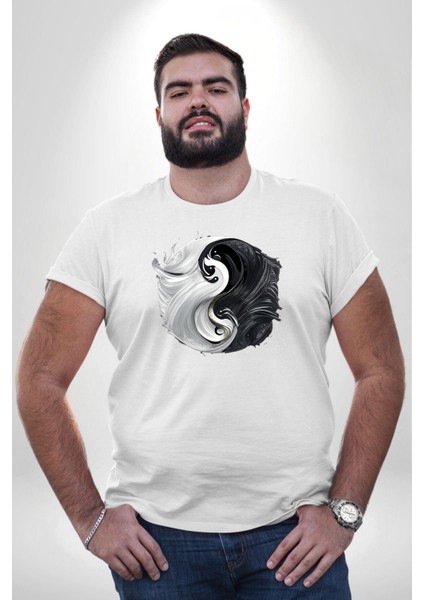 Beyaz Beyaz Ying Yang Beyaz Büyük Beden Kadın Erkek Ünisex Basic Ön Baskılı Tişört indirimleri