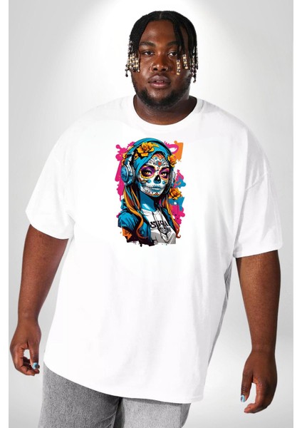 Kulaklık Müzik Dinleyen Kız Beyaz Büyük Beden Kadın Erkek Ünisex Basic Ön Baskılı Tişört fiyatları