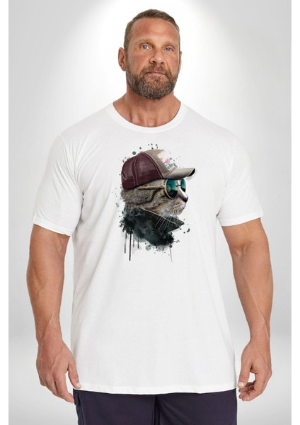 Pilot Çeketli Deri Şapkalı Cool Kedi Beyaz Büyük Beden Kadın Erkek Ünisex Basic Ön Baskılı Tişört