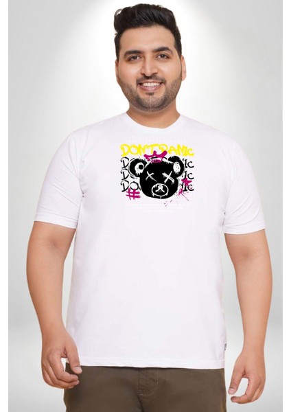Panik Yok Teddy Beyaz Büyük Beden Kadın Erkek Ünisex Basic Ön Baskılı Tişört modelleri