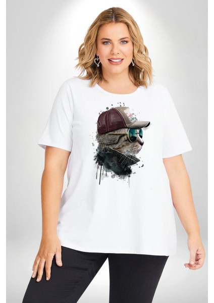 Pilot Çeketli Deri Şapkalı Cool Kedi Beyaz Büyük Beden Kadın Erkek Ünisex Basic Ön Baskılı Tişört modelleri