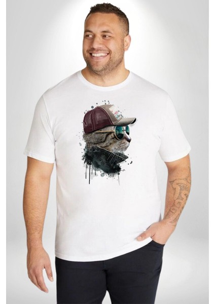 Pilot Çeketli Deri Şapkalı Cool Kedi Beyaz Büyük Beden Kadın Erkek Ünisex Basic Ön Baskılı Tişört fırsatları