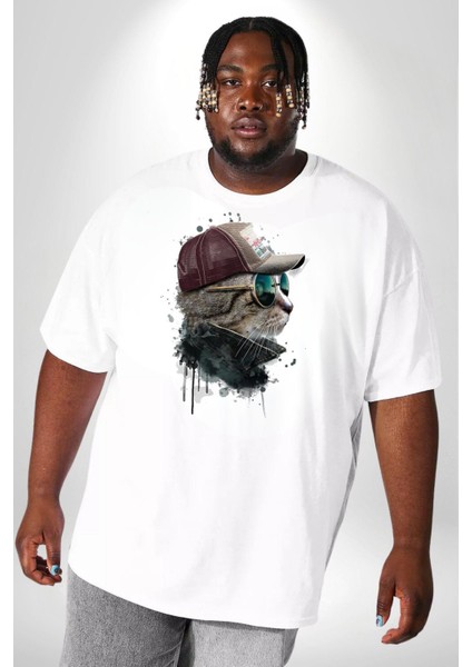 Pilot Çeketli Deri Şapkalı Cool Kedi Beyaz Büyük Beden Kadın Erkek Ünisex Basic Ön Baskılı Tişört indirimleri
