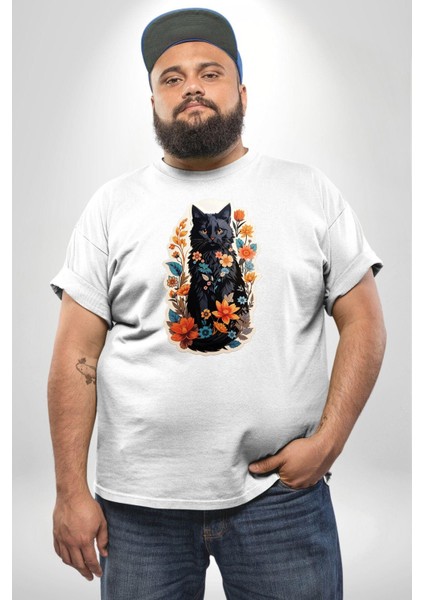 Çiçekli Beyaz Kedi Etiket Beyaz Büyük Beden Kadın Erkek Ünisex Basic Ön Baskılı Tişört