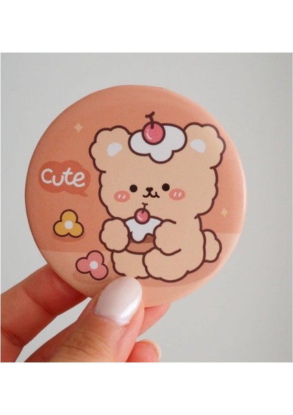 Cep Çanta Boy Makyaj Güzellik Ayna - Kawaii - Teddy - Bears - Cute - Sevimli - Kahverengi Ayıcık - Hediye