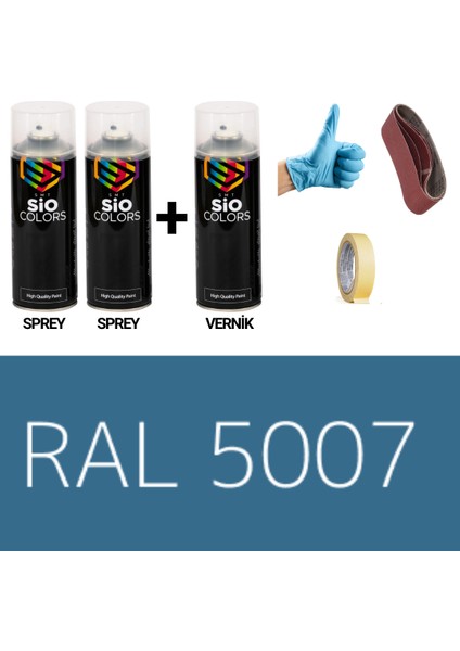 2 Adet Sprey+1 Adet Vernik Parlak Mavi RAL-5007 Sprey Boya Seti 400 Ml+Zımpara+Kağıtbant+Eldiven