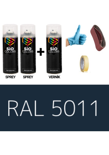 2 Adet Sprey+1 Adet Vernik Çelik Mavi RAL-5011 Sprey Boya Seti 400 Ml+Zımpara+Kağıtbant+Eldiven