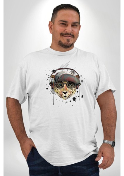 Pop Art Kaplan Müzik Kulaklık Güneş Gözlüğü Beyaz Büyük Beden Kadın Erkek Ünisex Basic Ön Baskılı Tişört