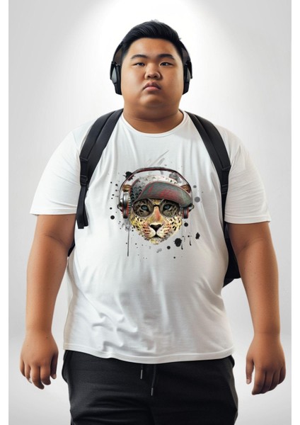 Pop Art Kaplan Müzik Kulaklık Güneş Gözlüğü Beyaz Büyük Beden Kadın Erkek Ünisex Basic Ön Baskılı Tişört fiyatları