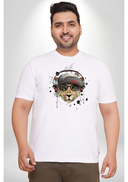 Pop Art Kaplan Müzik Kulaklık Güneş Gözlüğü Beyaz Büyük Beden Kadın Erkek Ünisex Basic Ön Baskılı Tişört modelleri