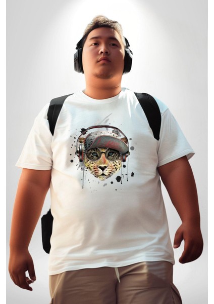 Pop Art Kaplan Müzik Kulaklık Güneş Gözlüğü Beyaz Büyük Beden Kadın Erkek Ünisex Basic Ön Baskılı Tişört fırsatları