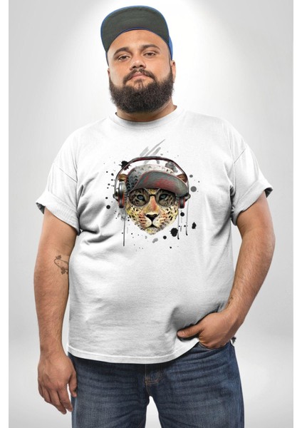 Pop Art Kaplan Müzik Kulaklık Güneş Gözlüğü Beyaz Büyük Beden Kadın Erkek Ünisex Basic Ön Baskılı Tişört indirimleri