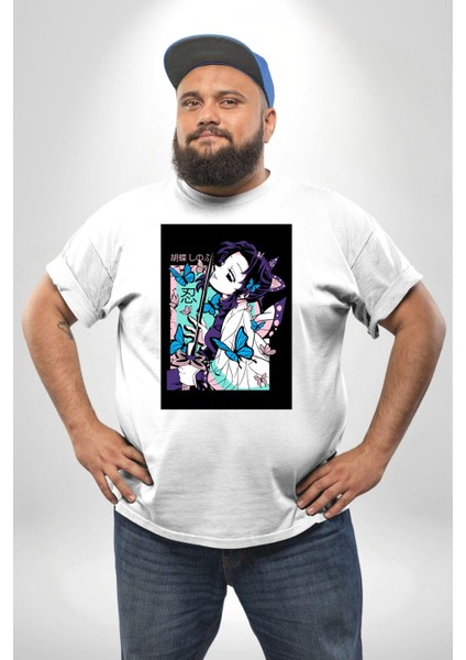 Shinobu Kocho Demon Slayer Beyaz Büyük Beden Kadın Erkek Ünisex Basic Ön Baskılı Tişört modelleri