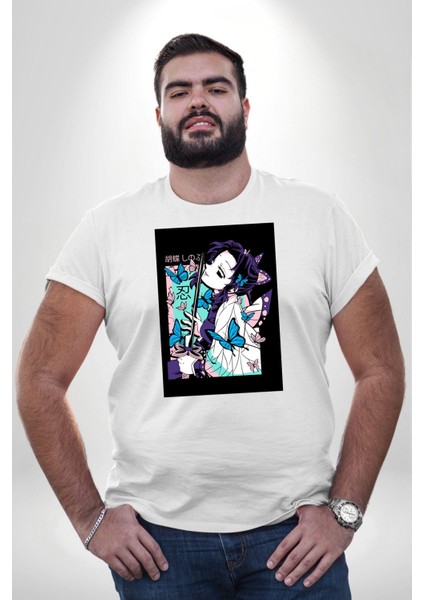 Shinobu Kocho Demon Slayer Beyaz Büyük Beden Kadın Erkek Ünisex Basic Ön Baskılı Tişört fırsatları